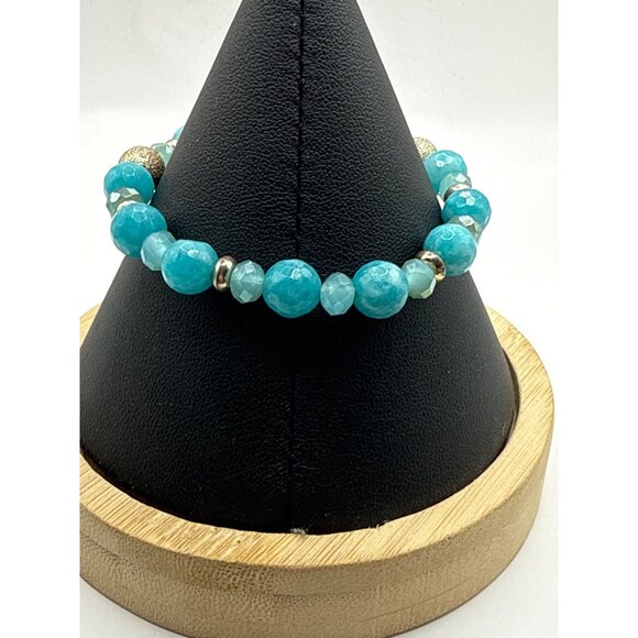 Turquoise Beaded Stretch Bracelet Gold Rhinestone Accent - Picture 4 of 5